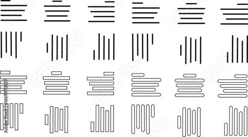 Align line icon set with solid black and outline vector illustration style. Collection of text alignment, justify, left, right, center, vertical, and formatting symbols for UI, UX, apps and web design