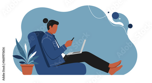 Relaxed individual working remotely, multitasking with a laptop and smartphone from a comfortable home environment. Represents modern digital lifestyle and flexible work.