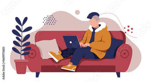 Modern person working comfortably from home on a laptop, embodying remote work flexibility and digital lifestyle. Ideal for business, education, and technology concepts.