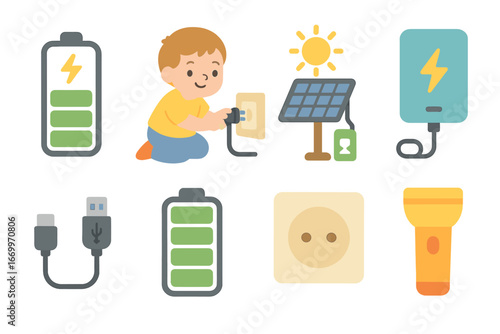 Children's Charging Icons. Flat vector mini-illustrations battery charging in colors children's illustrations: battery icon