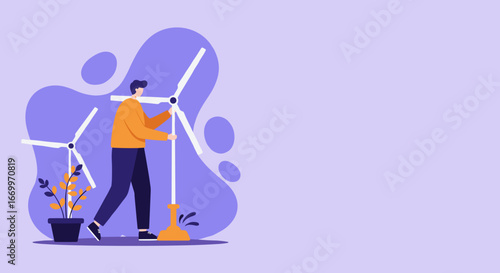 Person stands with wind turbines and a plant, symbolizing clean, sustainable energy and environmental care. Ideal for eco-conscious business concepts and innovation.