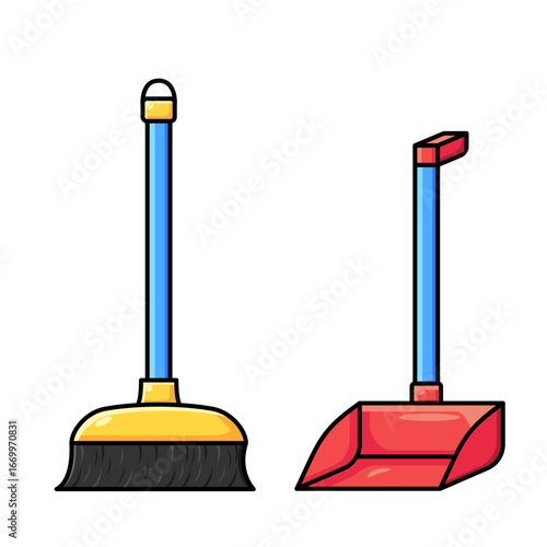 Colorful cartoon vector illustration of a broom and dustpan cleaning tools. Perfect for household chores, sanitation, hygiene, cleanliness, janitor equipment, and domestic design projects.
