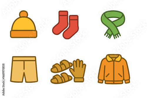 Children's Clothing Icons. Flat vector mini-illustrations cheap clothing in colors children's illustrations: simple hat, basic