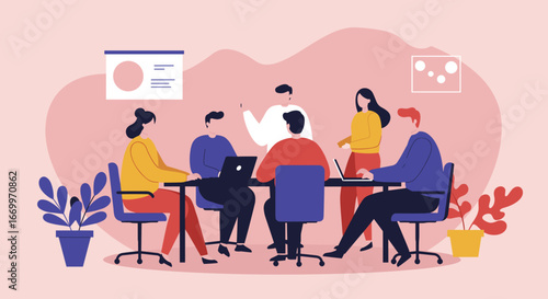 Diverse business team collaborating in a modern office meeting, discussing strategies and working on laptops. Ideal for corporate productivity and teamwork concepts.