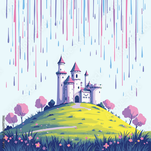 Castle hill under heavy rainfall clouds