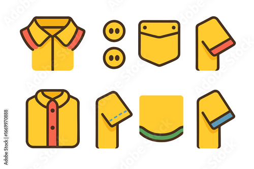 Children's Clothing Details. Flat vector mini-illustrations short sleeve details in colors children's illustrations: collar,