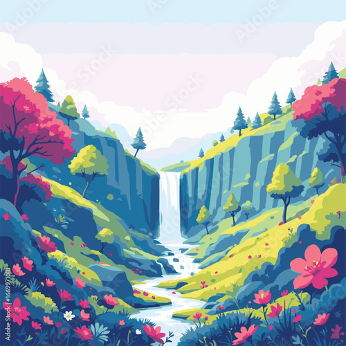 Waterfall streaming through lush green forest