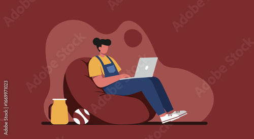 Relaxed person working on a laptop from a comfortable bean bag chair at home. Illustrates remote work, modern lifestyle, and digital nomad concept.