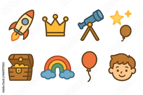 Children's Dream Icons. Flat vector mini-illustrations dreams and aspirations in colors children's illustrations: rocket, crown,