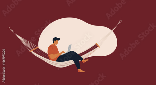 Man working remotely on a laptop in a comfortable hammock, representing flexible work-life balance, relaxation, and modern technology. Ideal for business, lifestyle, or travel concepts.