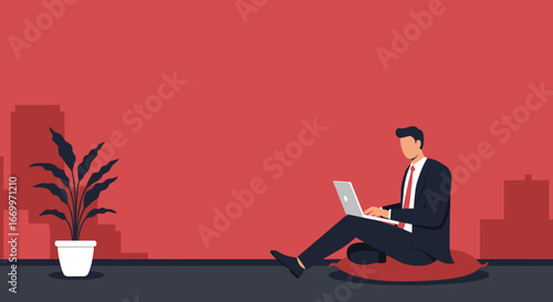 Professional businessman working remotely on a laptop, sitting comfortably. Represents flexible modern work arrangements and digital lifestyle in an urban setting.