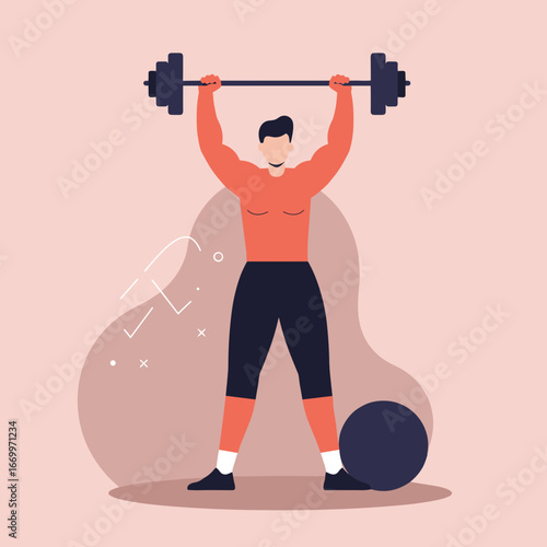 Motivated man performing a powerful overhead barbell lift. Represents strength, healthy lifestyle, and fitness dedication. Ideal for wellness and gym concepts.