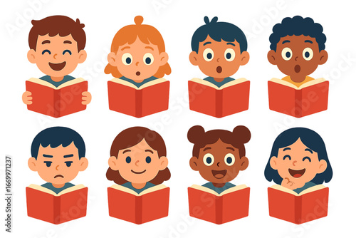 Children's Emotions Icons. Flat vector mini-illustrations hardcover book emotions in colors children's illustrations: happy reader