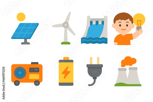 Children's Energy Icons. Flat vector mini-illustrations power sources in colors children's illustrations: solar panel, wind