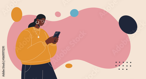 Modern woman with dark skin uses a smartphone, representing digital communication, social media, and connectivity in daily life or business.
