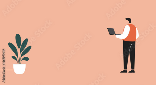 Modern flat illustration of a person working on a laptop, symbolizing remote work, online business, and digital communication in a minimalist setting.