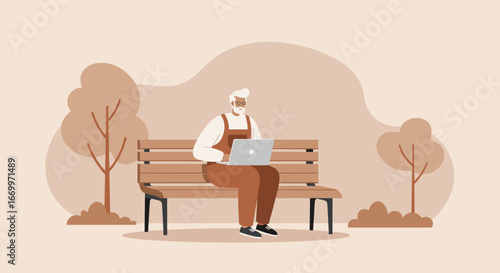 Senior man with beard working on a laptop while sitting on a park bench, reflecting modern retirement, remote work, and active digital lifestyle.