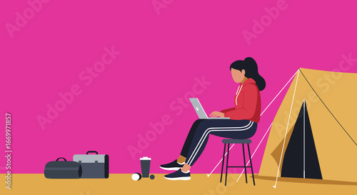 Woman working remotely on a laptop by a tent, embodying a digital nomad lifestyle. Ideal for themes of flexible work, travel, and adventure.