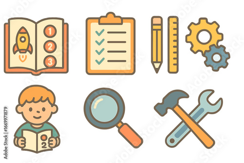 Children's Instruction Icons. Flat vector mini-illustrations instruction guides in colors children's illustrations: step-by-step