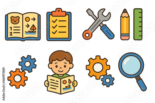 Children's Instruction Icons. Flat vector mini-illustrations instruction guides in colors children's illustrations: step-by-step