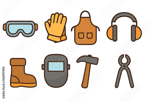 Children's Ironwork Safety Gear. Flat vector mini-illustrations ironwork safety gear in colors children's illustrations: safety