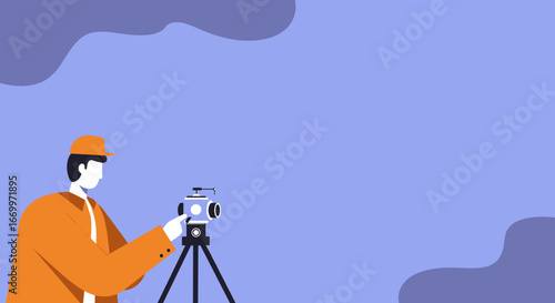 Stylized illustration of a person operating a professional camera on a tripod, symbolizing photography, videography, and content creation. Ideal for media, education, or creative concepts.