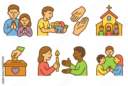 Children's Lent Icons. Flat vector mini-illustrations Great Lent community in colors children's illustrations: family prayer,