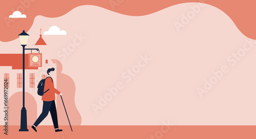 A solo traveler, with a backpack and walking stick, walks by a classic street scene with buildings and a lamppost. Depicts journey, exploration, and independent travel concepts.