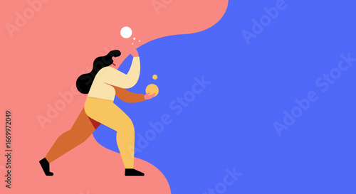 Dynamic illustration of a woman interacting with abstract elements, symbolizing innovation, problem-solving, and creative thought. Ideal for business concepts.