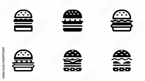 Illustration of six burger icons in a grid arrangement with different patty and topping styles silhouette