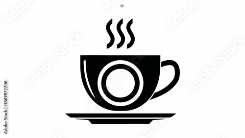 Black and white graphic of a coffee cup with steam on a saucer in a minimalist style design element silhouette