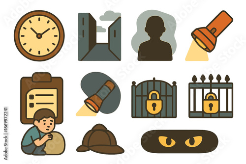 Children's Mystery Icons. Flat vector mini-illustrations investigation in colors children's illustrations: clipboard, checklist,