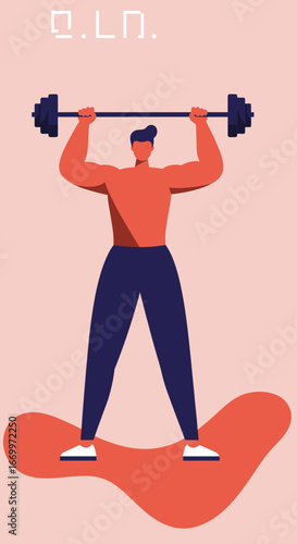 Stylized illustration of a strong man lifting a barbell overhead, embodying fitness, strength, and an active lifestyle. Perfect for health, workout, and wellness concepts.