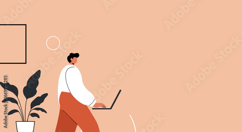 Modern person working remotely on laptop with plant decor. Represents remote work, online learning, digital communication, and contemporary lifestyle.