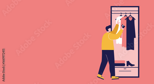 Man selecting clothing from an open wardrobe, representing daily routine, personal style, and organizing choices. Ideal for fashion and lifestyle concepts.