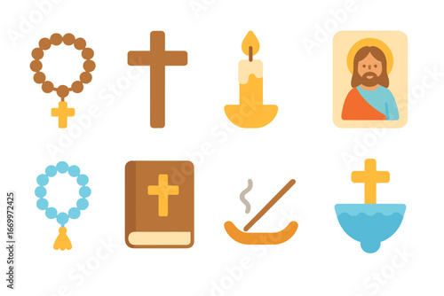 Children's Prayer Icons. Flat vector mini-illustrations Christian prayer accessories in colors children's illustrations: rosary