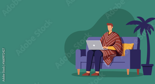 Man working remotely on laptop from a comfortable sofa, embodying a flexible lifestyle and digital nomadism. Ideal for business, technology, and travel concepts.