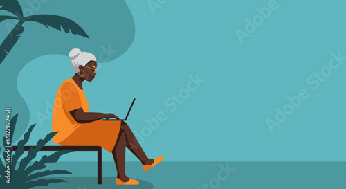An elderly African American woman uses a laptop outdoors, enjoying technology in a tranquil, tropical setting. Represents modern seniors and digital lifestyle.