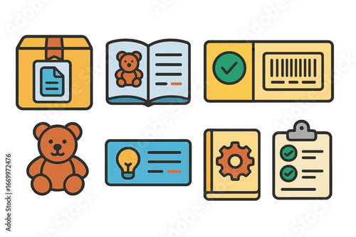 Children's Product Manual Icons. Flat vector mini-illustrations product manual in colors children's illustrations: box with