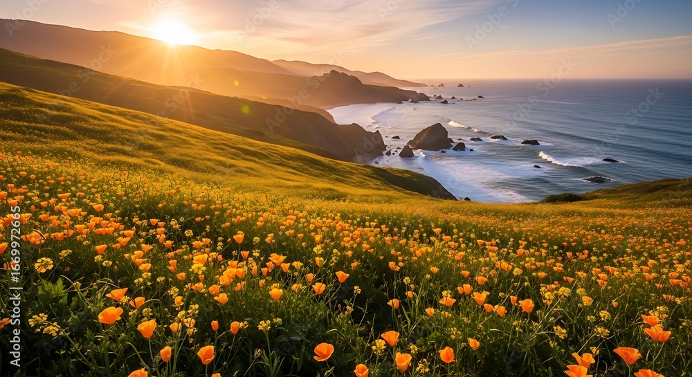 Fototapeta premium Coastal Wildflower Meadow at Sunset Overlooking the Pacific Ocean.