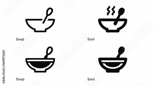 Four variations of soup bowls each containing a spoon and labeled with similar sounding words silhouette