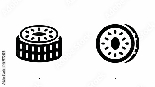 Illustration of two kiwi slices one showing the side and the other showing the top on a white background silhouette