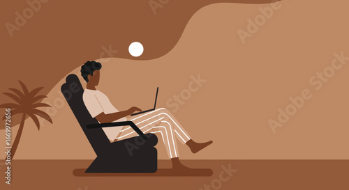 Man working on laptop in a relaxed outdoor setting, embodying remote work flexibility, travel, and lifestyle balance. Ideal for business and travel concepts.