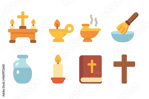 Children's Religious Icons. Flat vector mini-illustrations religious ritual in colors children's illustrations: altar, oil lamp,