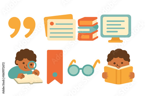 Children's Research Icons. Flat vector mini-illustrations referencing in colors children's illustrations: citation marks,