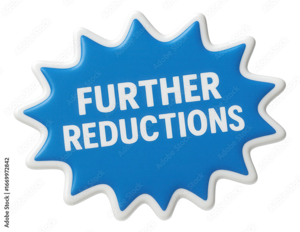 Fototapeta premium Bold blue burst sticker with FURTHER REDUCTIONS offer in white lettering, vibrant retail discount promo on transparent background.