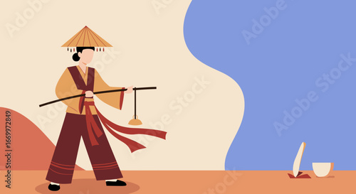 Person in traditional East Asian attire and conical hat, carrying a balancing pole. Evokes themes of travel, culture, heritage, and artistic tradition.