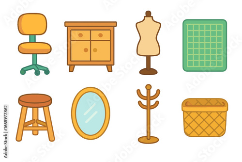 Children's Sewing Atelier. Flat vector mini-illustrations atelier furniture in colors children's illustrations: sewing chair,