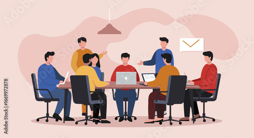 Professional team collaborating around a table in a modern office, engaged in a productive business meeting and brainstorming session.