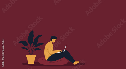 Illustration of a person working remotely on a laptop in a relaxed home setting with a plant. Ideal for digital nomad, freelance, or online learning concepts.